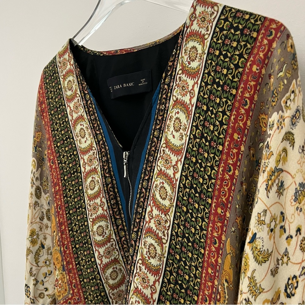 Zara Boho Scarf Print Fringe Kimono Sleeve Zip Blouse XS - Picture 7 of 13